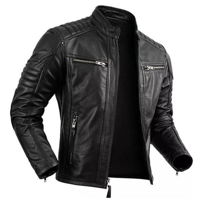 Men's black leather biker jacket with diamond-stitched shoulders
