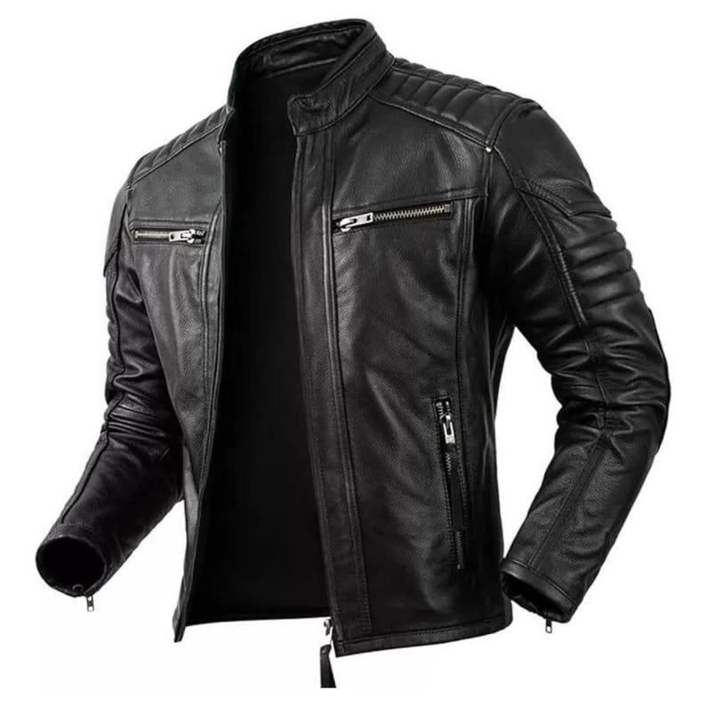 Side view of black slim fit moto jacket