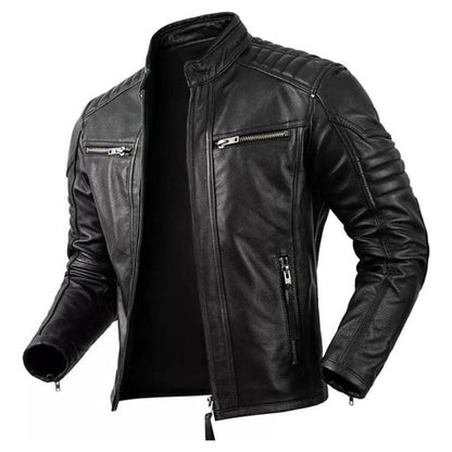 Side view of black slim fit moto jacket