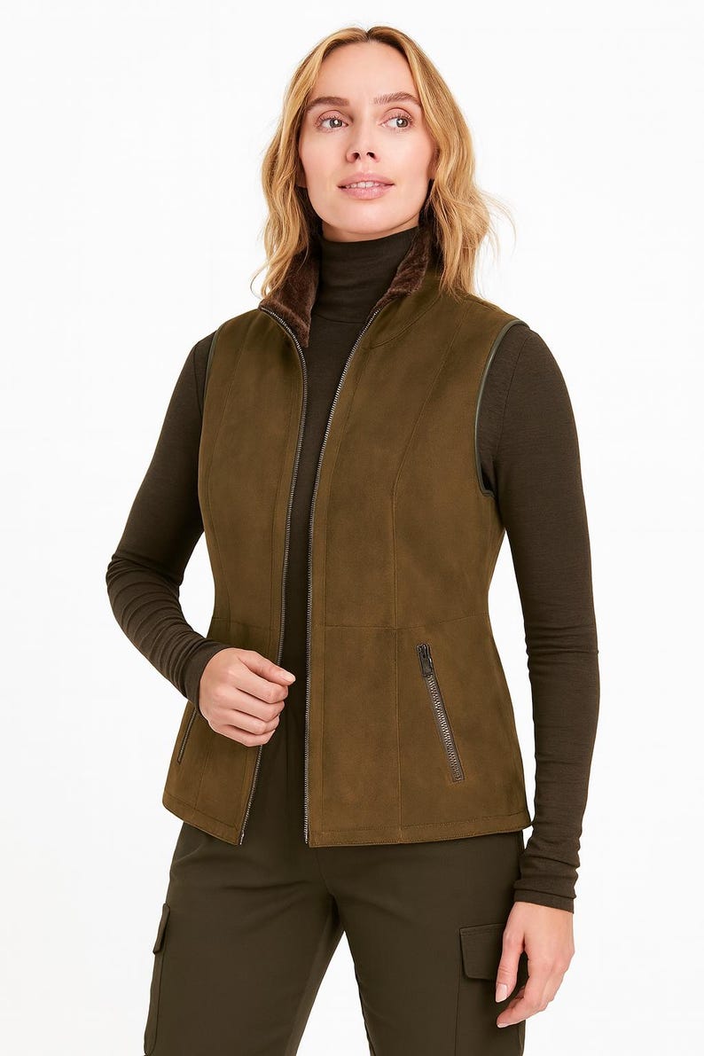Two zip pockets on women's olive faux fur collar vest