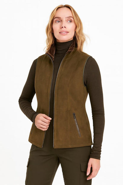 Two zip pockets on women's olive faux fur collar vest
