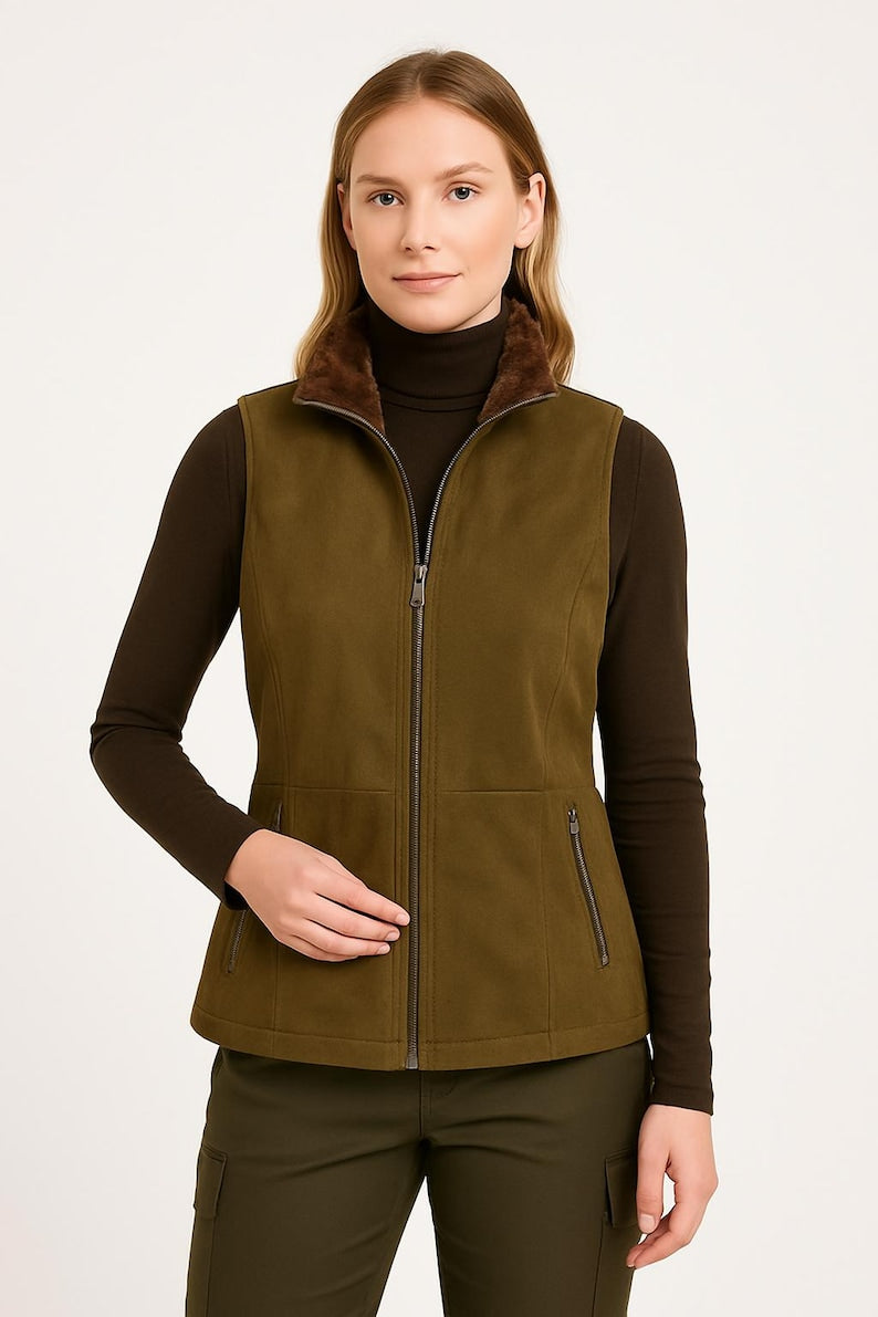 Women's olive green faux suede vest with brown faux fur collar