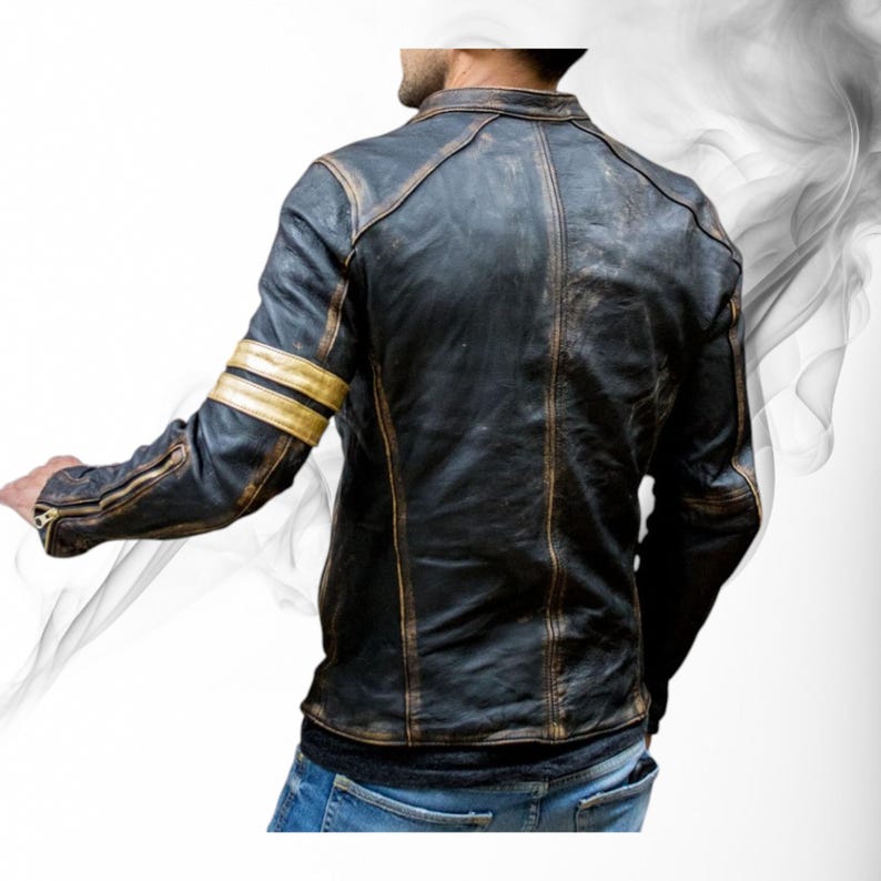 Sleeve stripe and zip detail on black cafe racer jacket