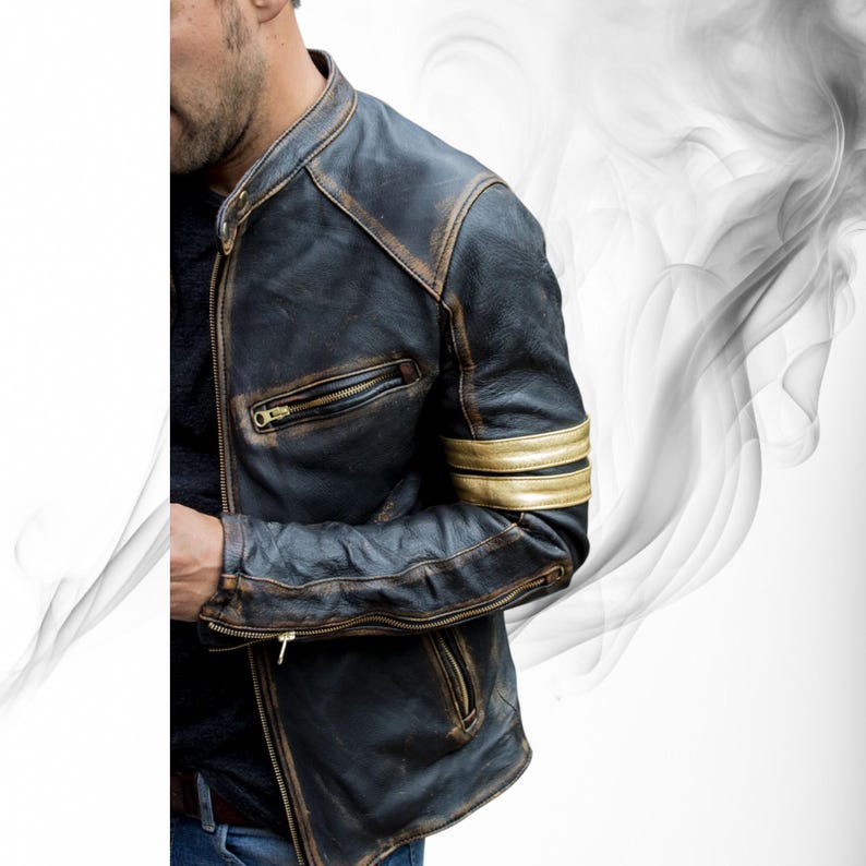Front of men's black distressed cafe racer jacket with stand collar