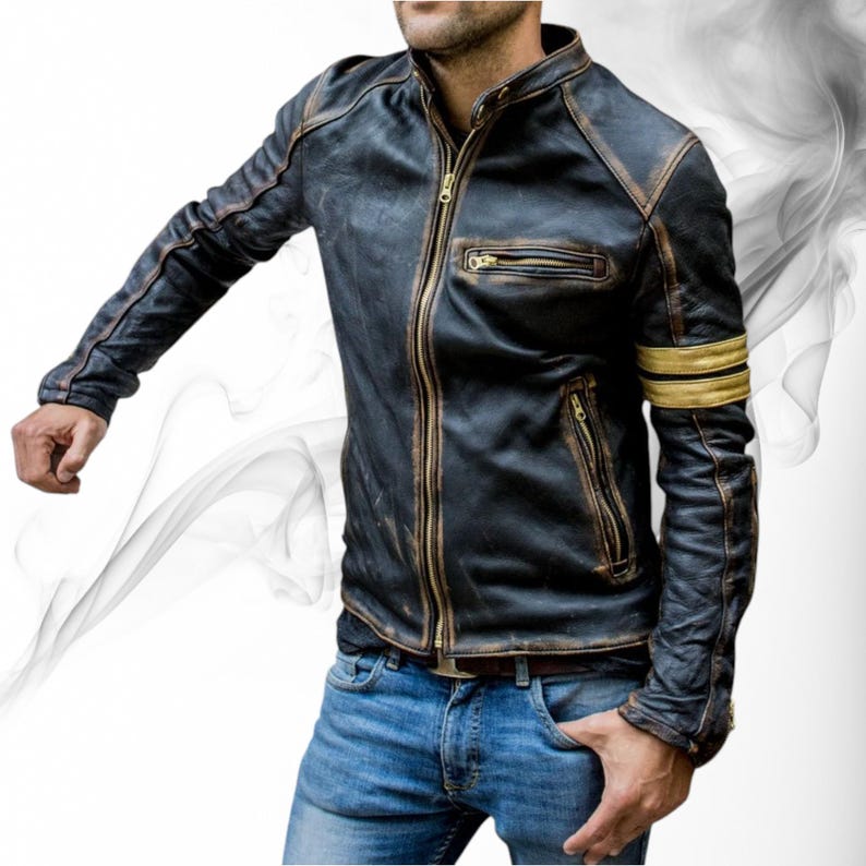 Model wearing black distressed cafe racer jacket with blue jeans