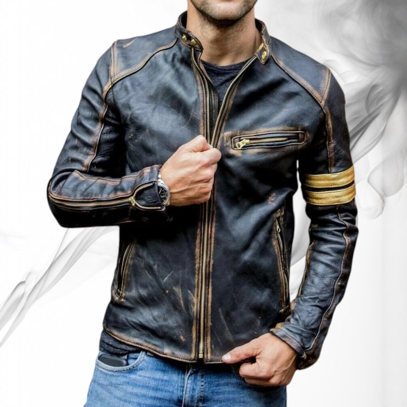 Men's distressed black sheepskin leather cafe racer jacket