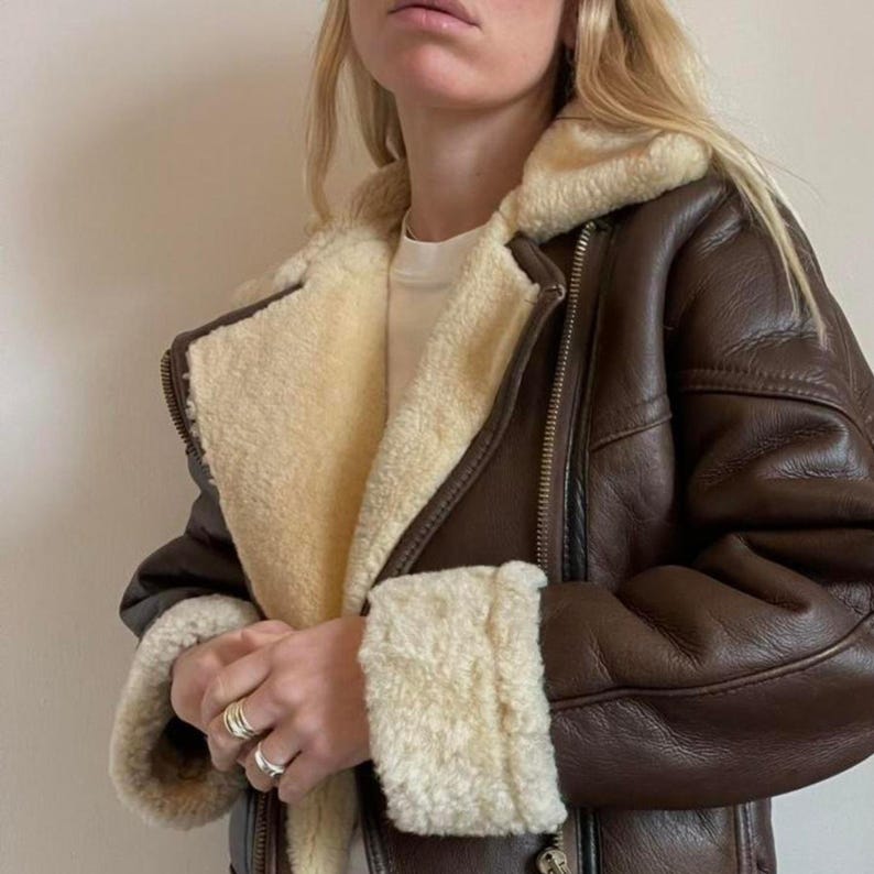 Women's brown aviator bomber with shearling-lined collar