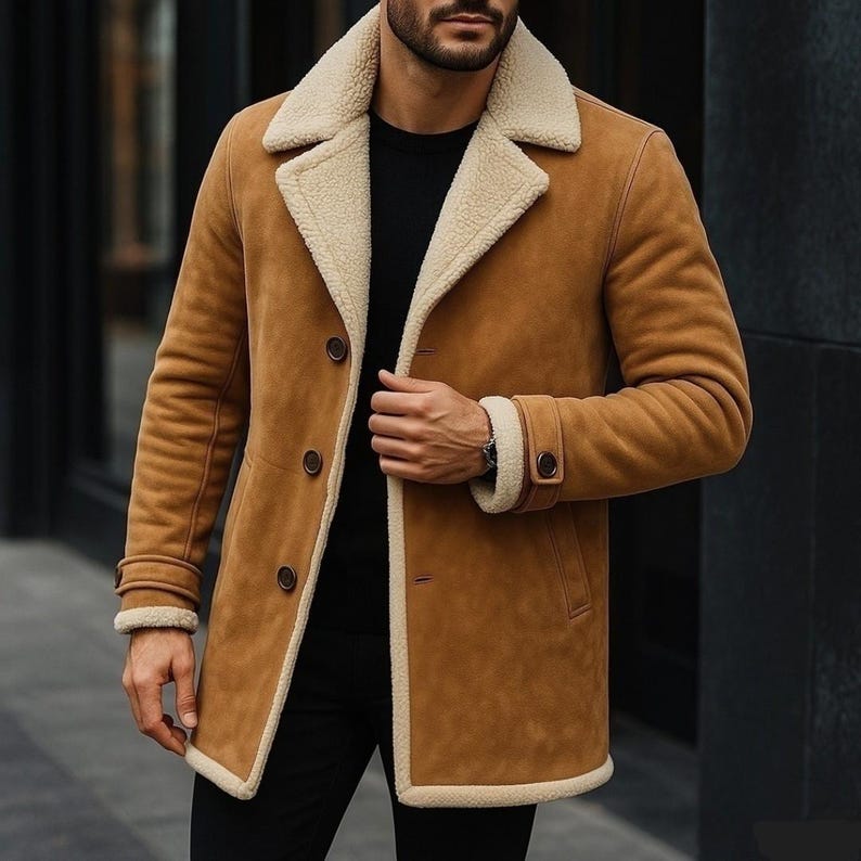 Man wearing camel tan suede aviator coat with sherpa collar outdoors