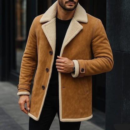Man wearing camel tan suede aviator coat with sherpa collar outdoors