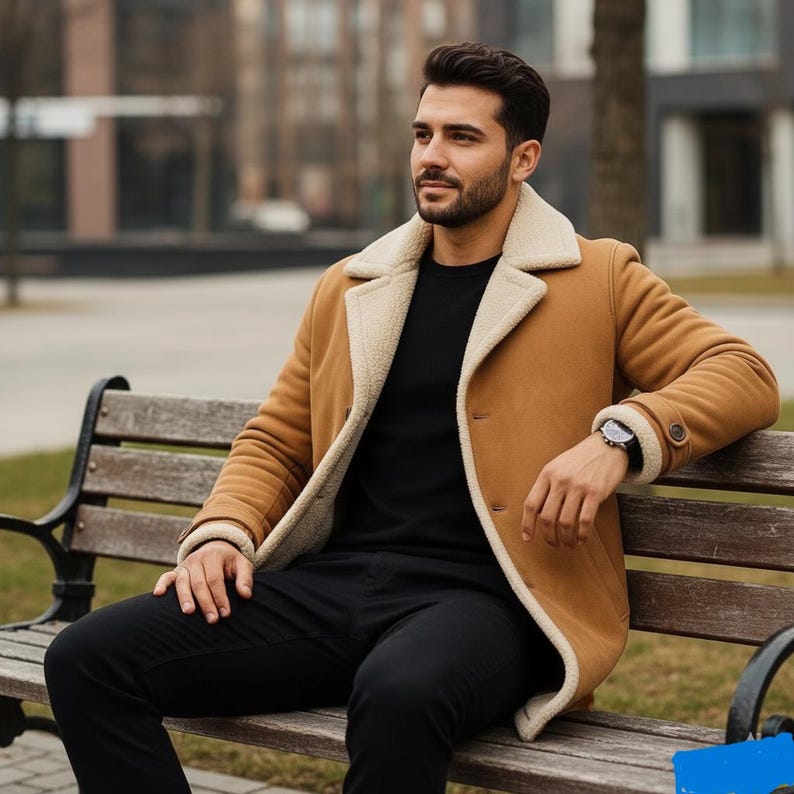 Sherpa cuffs and collar on men's camel suede jacket