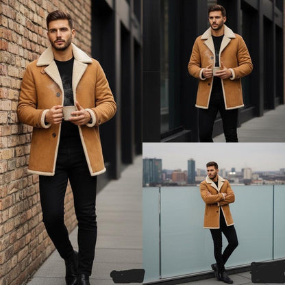 Front of men's camel suede coat with cream sherpa lining