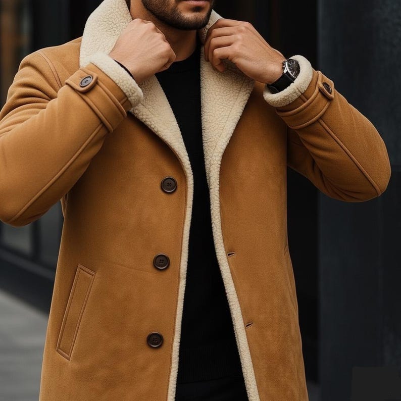 Button front and pockets on tan suede aviator coat