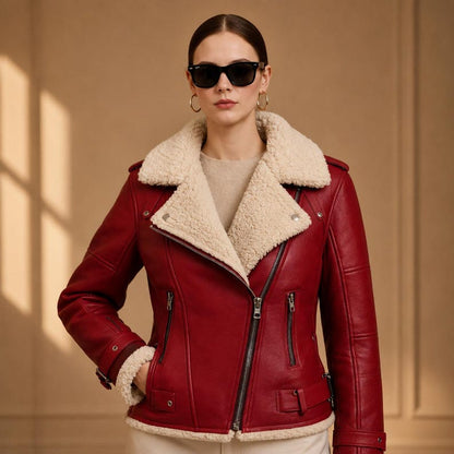 Diagonal zip on women's red faux fur lined leather jacket