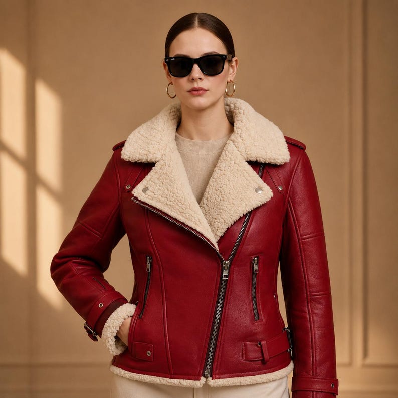 Cream lining and collar on women's red winter biker jacket