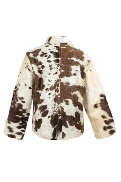 Back view of women's brown and white hair-on cowhide jacket