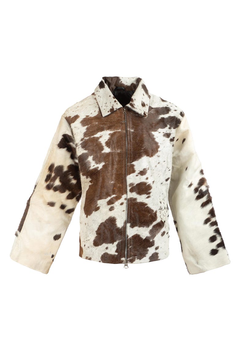 Brown and white hair-on cowhide jacket for women with full front zip