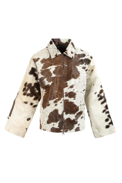 Brown and white hair-on cowhide jacket for women with full front zip
