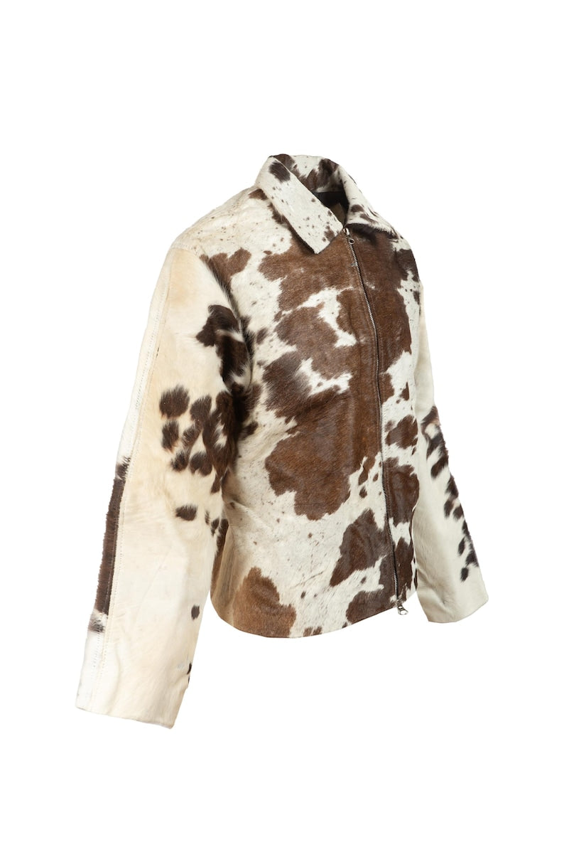 Hair-on cowhide statement jacket showing off-white sleeves and sides