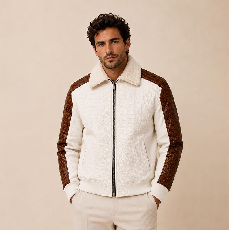 Cream bomber jacket with faux shearling collar and ribbed cuffs