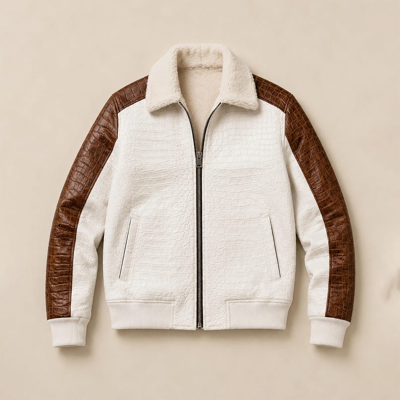 White crocodile-embossed leather bomber with metal zipper