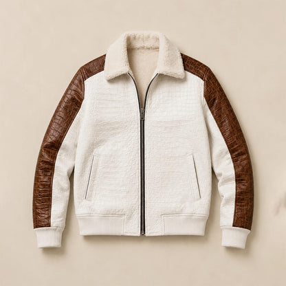 White crocodile-embossed leather bomber with metal zipper