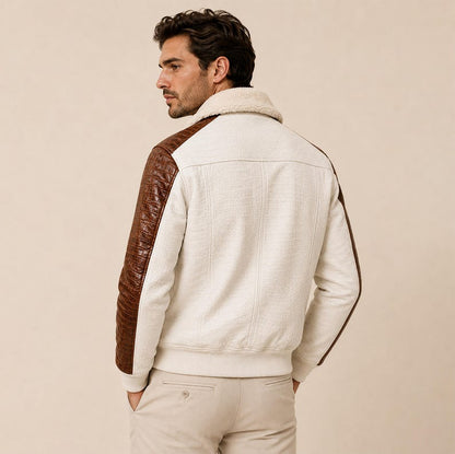 Cream textured leather bomber with sherpa collar and croc sleeves