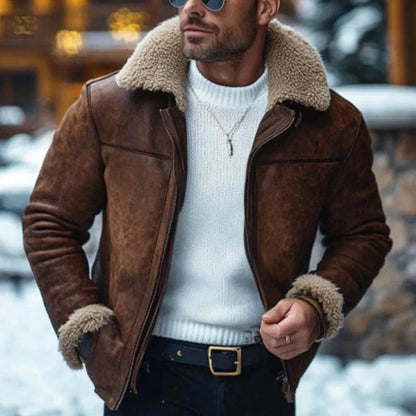 Men's brown lambskin aviator jacket with tan shearling collar and cuffs