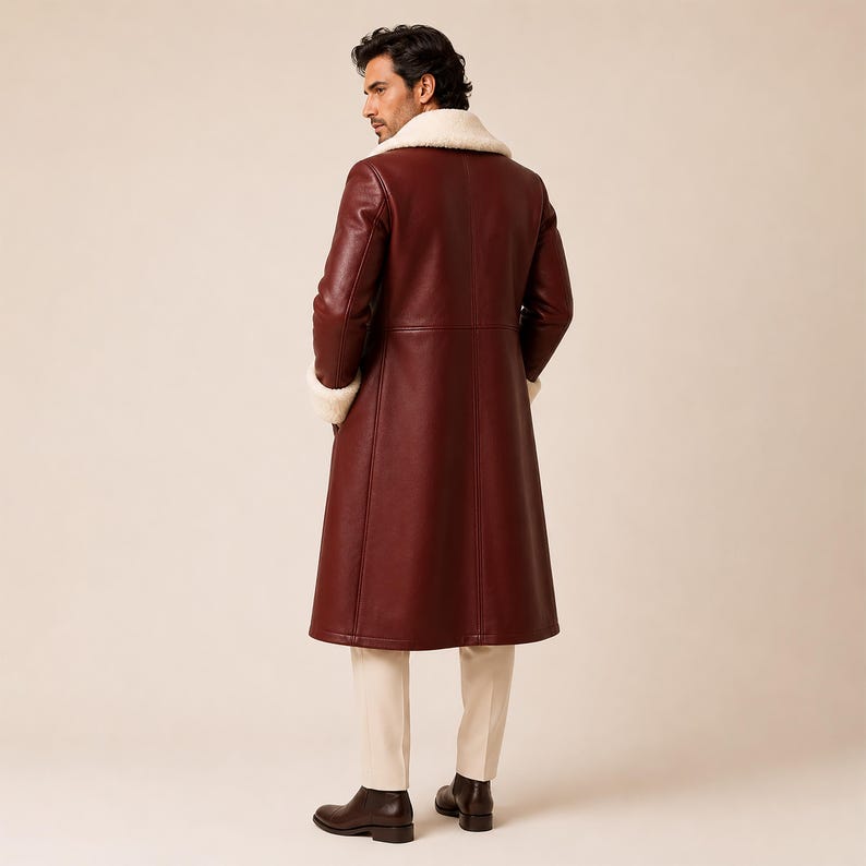 Burgundy leather Santa coat with cream shearling collar and cuffs
