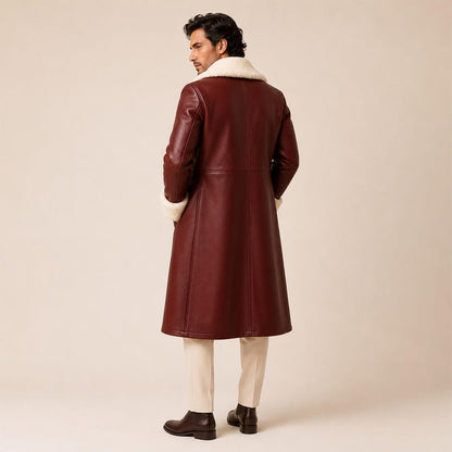 Burgundy leather Santa coat with cream shearling collar and cuffs