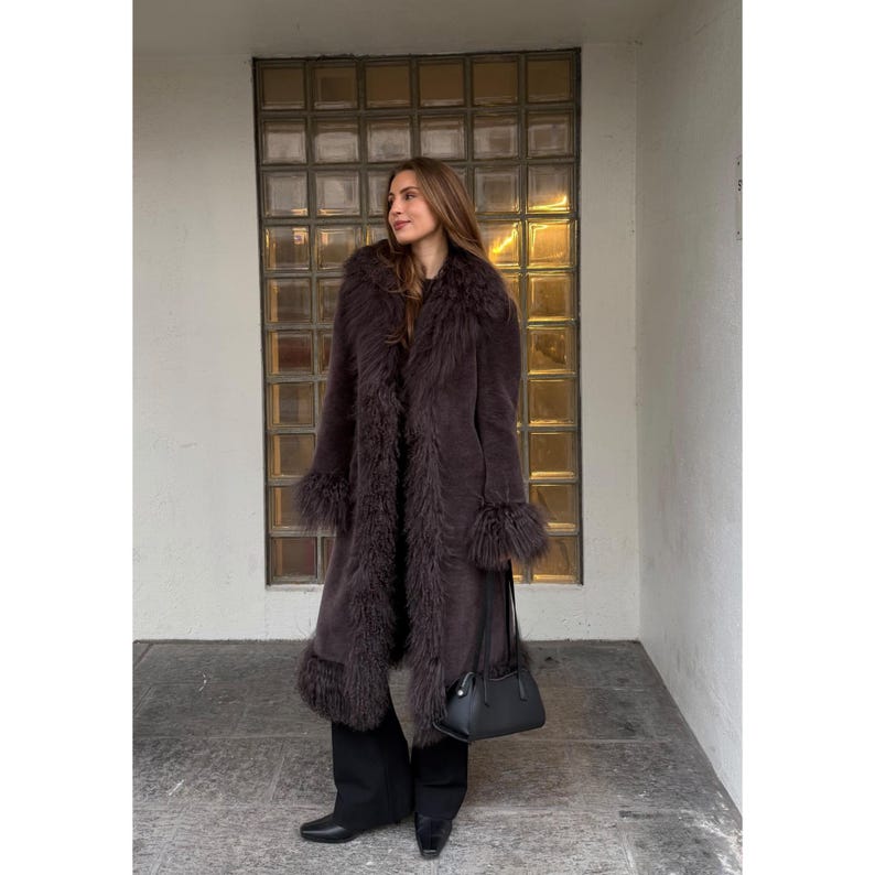 Brown 70s suede coat with fur-style collar and cuffs