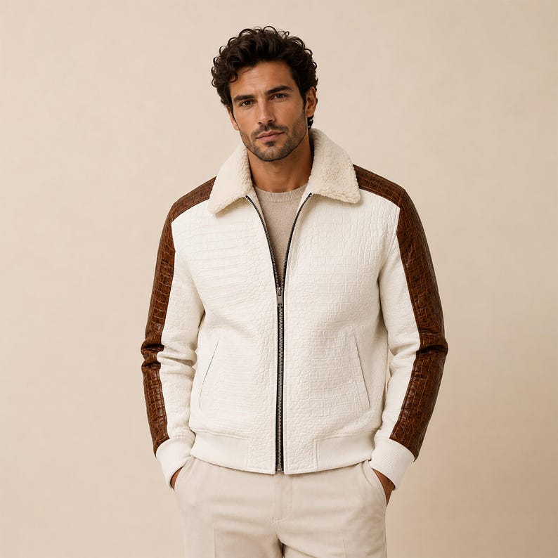 Men's cream leather bomber with brown crocodile-embossed sleeves and shearling collar