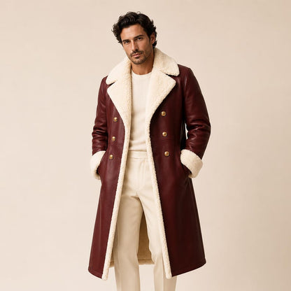 Men's red leather Santa trench coat with cream shearling-style collar
