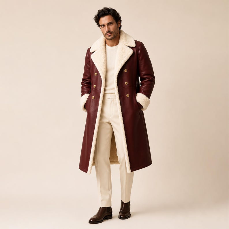 Double-breasted red Christmas leather coat with decorative buttons