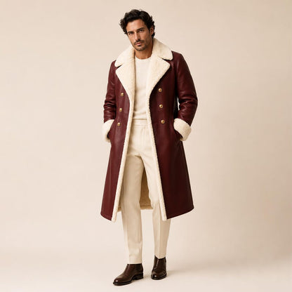 Double-breasted red Christmas leather coat with decorative buttons