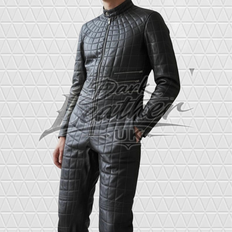 Black one-piece quilted leather biker jumpsuit for men