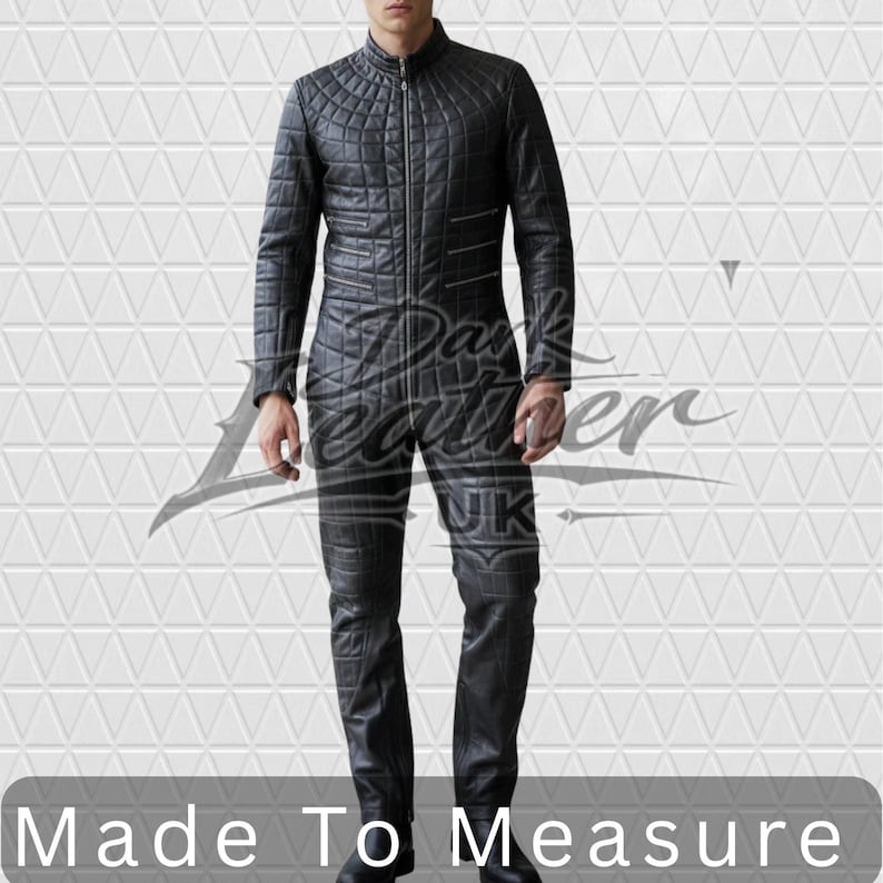 Men's black spider web quilted leather jumpsuit, front view