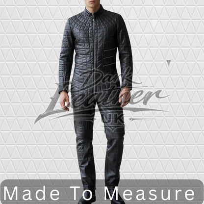 Men's black spider web quilted leather jumpsuit, front view