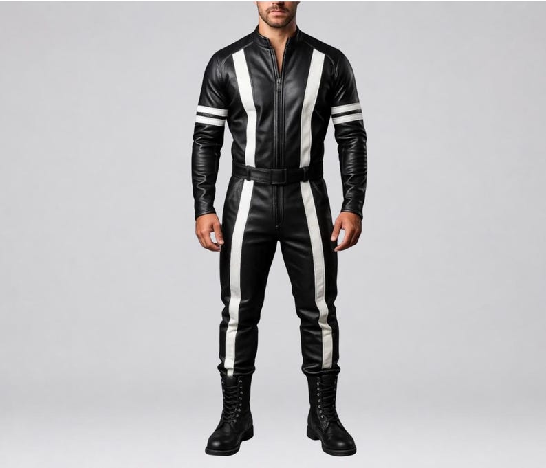 Men's black leather jumpsuit with bold white racing stripes