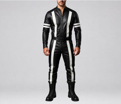Men's black leather jumpsuit with bold white racing stripes