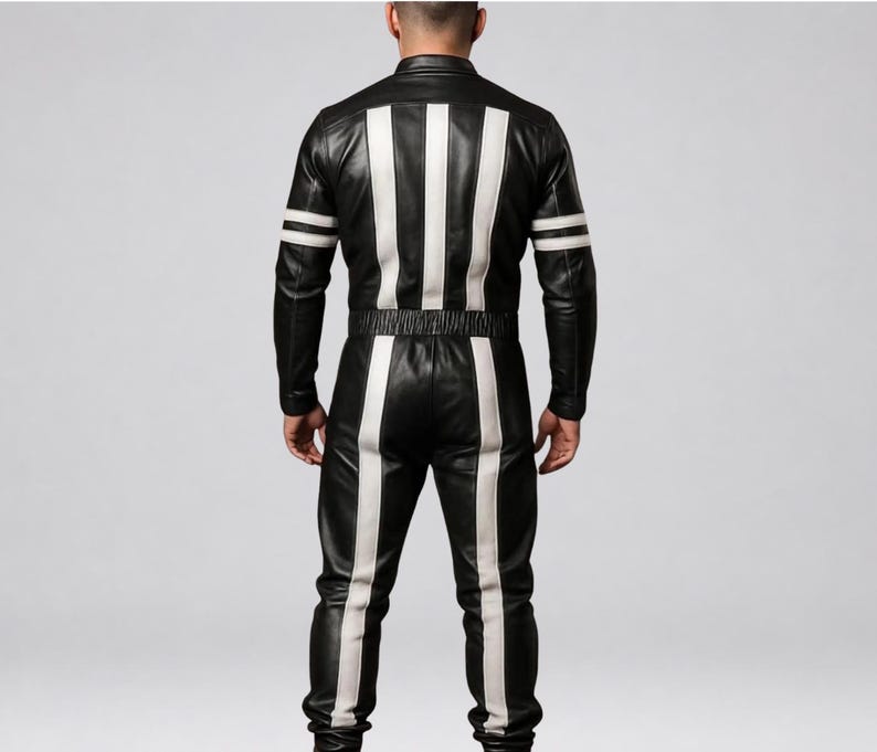 Black and white sheep leather racing jumpsuit for men