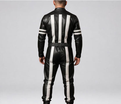Black and white sheep leather racing jumpsuit for men