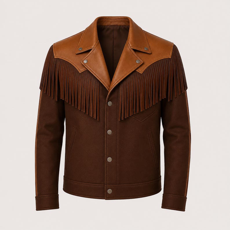 Dark brown fringe leather jacket with tan yoke and collar