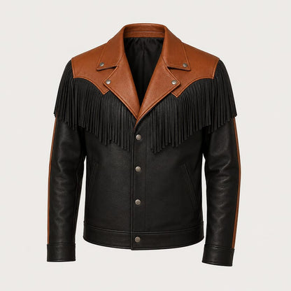 Men's black western fringe leather jacket with tan yoke and silver snaps