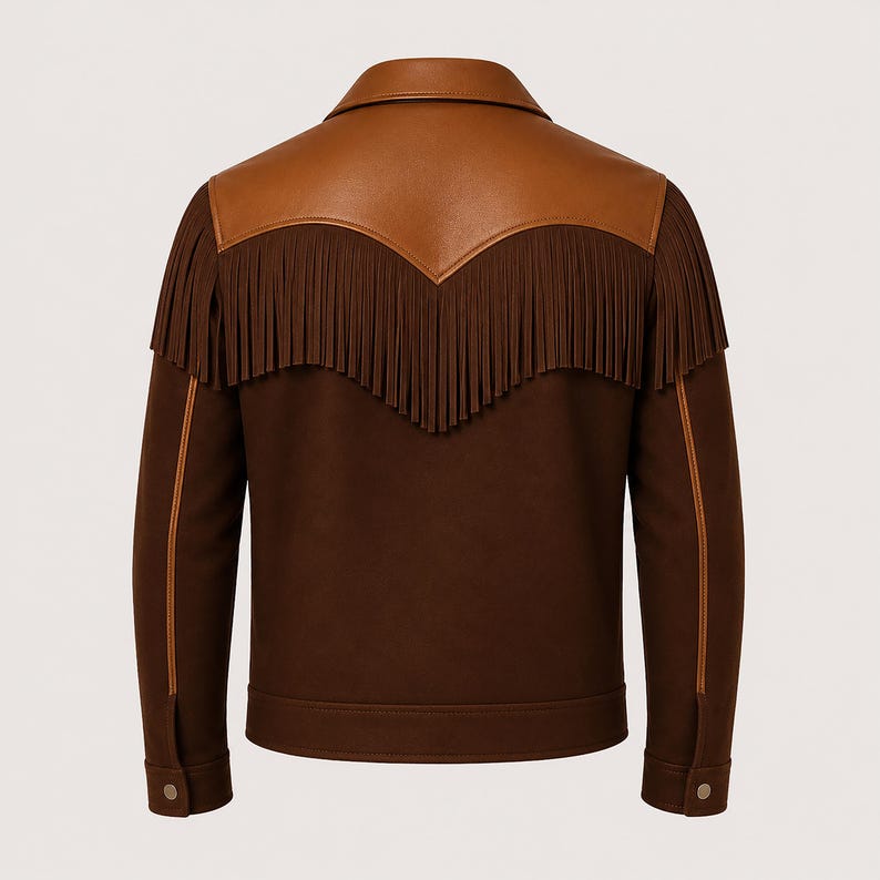 Back of brown western jacket with tan yoke and V-seam fringe