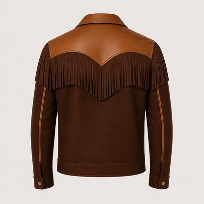 Back of brown western jacket with tan yoke and V-seam fringe