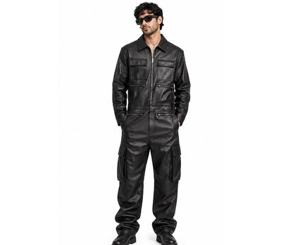 Men's black leather aviator flight suit, front view