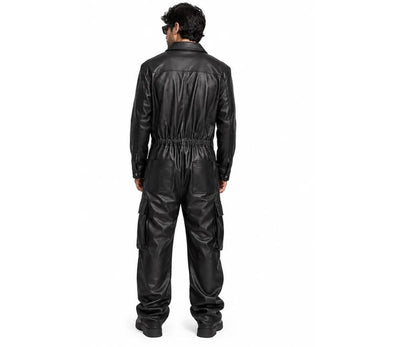 Back of black leather pilot coverall with cuffs and back pockets