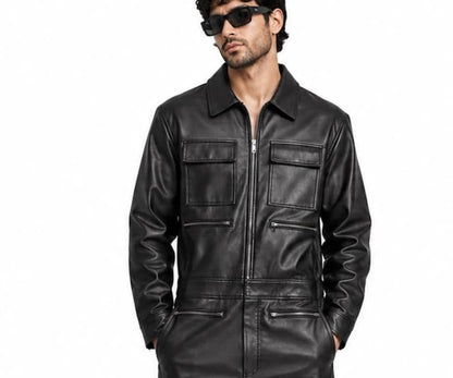 Front zip and flap chest pockets on men's leather flight suit