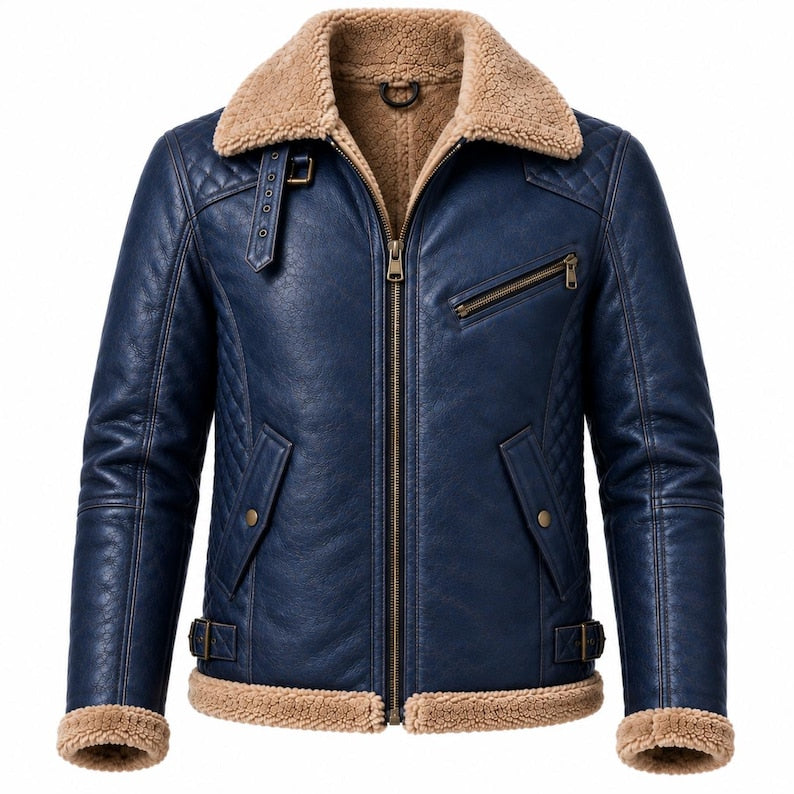 Blue women's sheepskin aviator jacket with tan faux fur collar