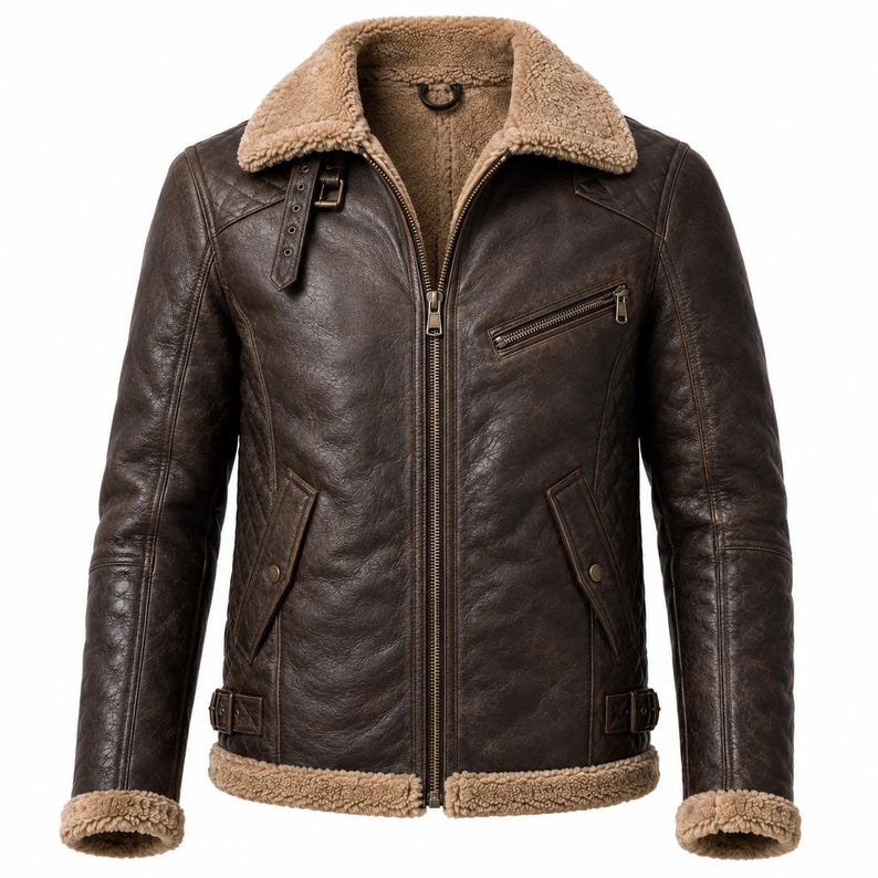 Chocolate brown women's leather aviator jacket with faux fur lining